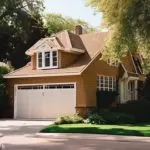 tan house with off-white garage door