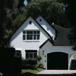 white house with black garage door