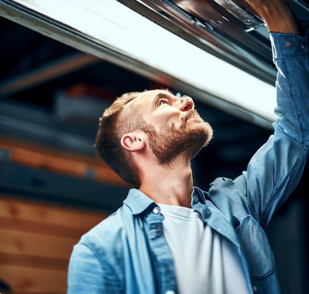 Man looking upward wondering how to fix a garage door opener