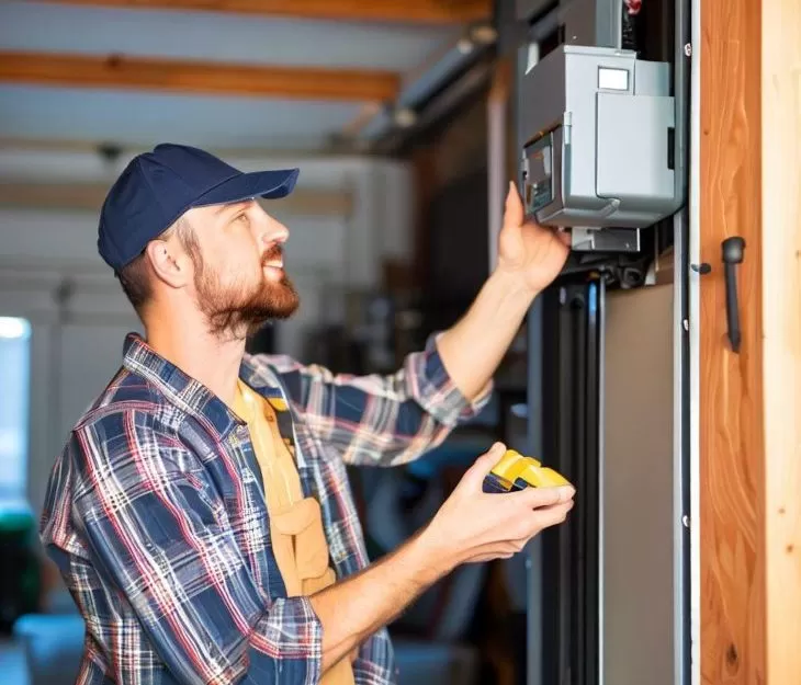 man inspecting garage door opener